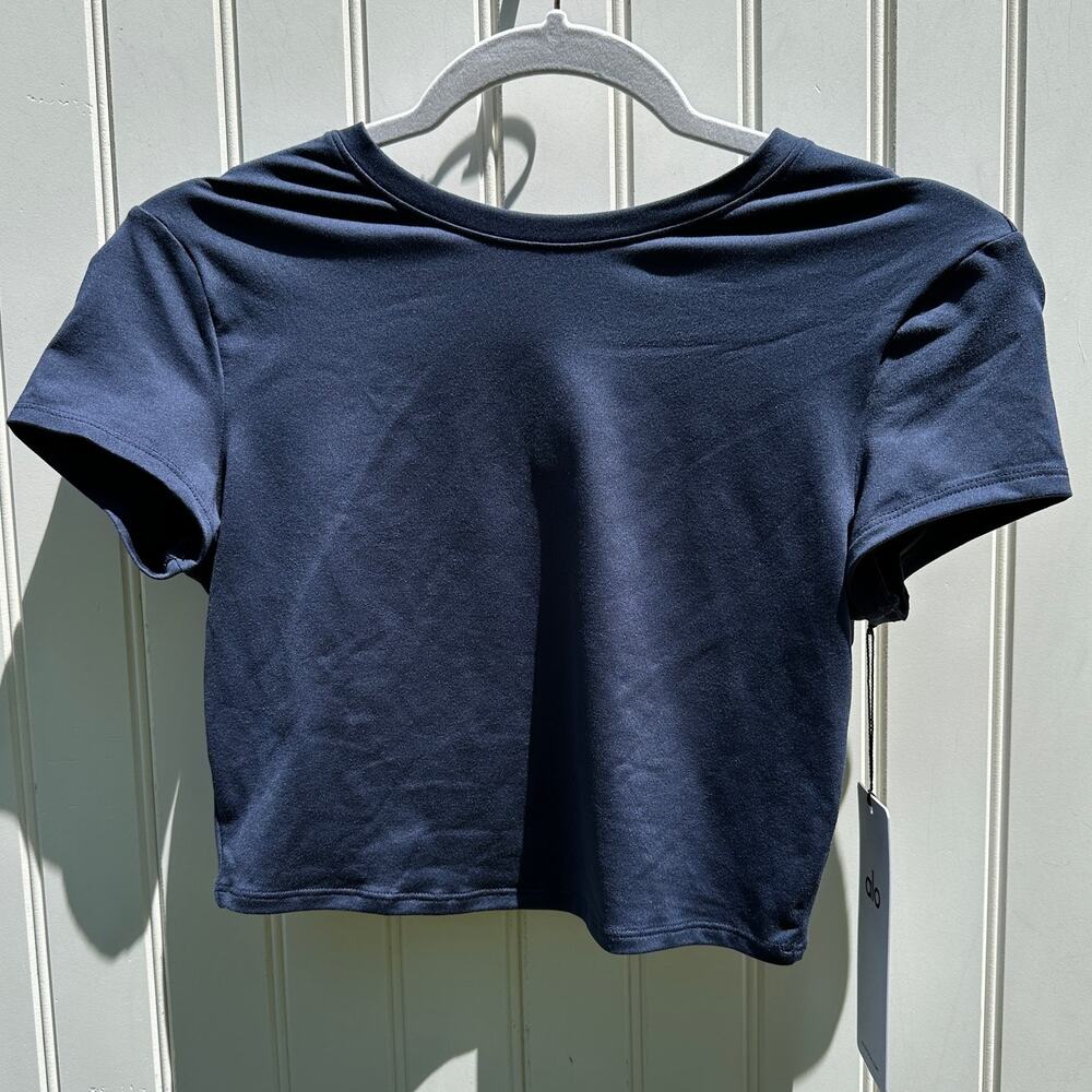 Alo Alosoft Crop Finesse Short Sleeve Top Tee Shirt T-Shirt  Navy Blue Small NWT